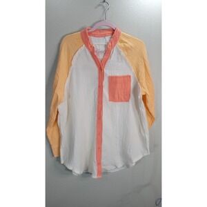 Aerie Gauze Button Down Shirt XS Colorblock Cotton Raw Edge Lightweight